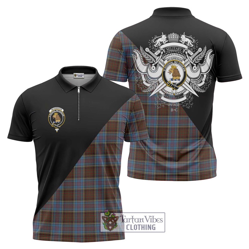 McGregor Hastie Tartan Zipper Polo Shirt with Family Crest and Military Logo Style