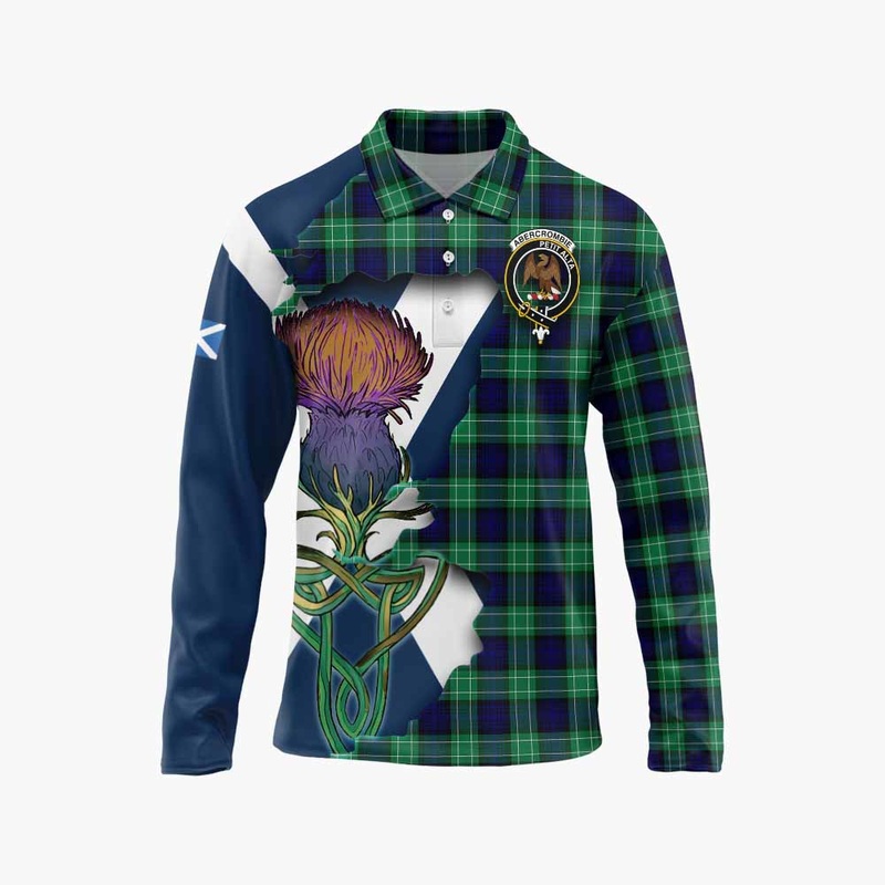 Abercrombie Tartan Family Crest Long Sleeve Polo Shirt Scottish Thistle Celtic Inspired