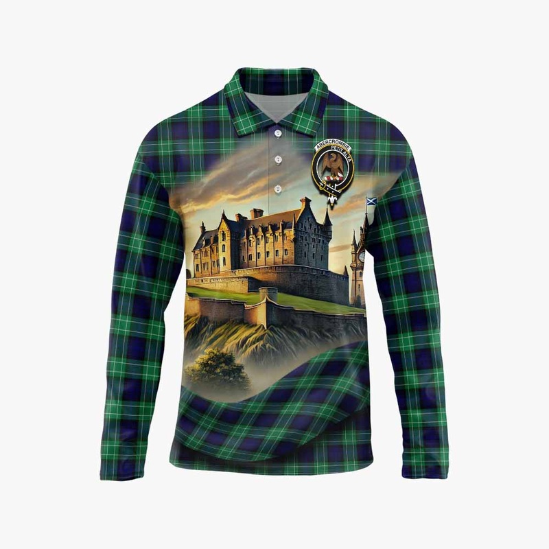 Abercrombie Tartan Family Crest Long Sleeve Polo Shirt with Scottish Ancient Castle Style