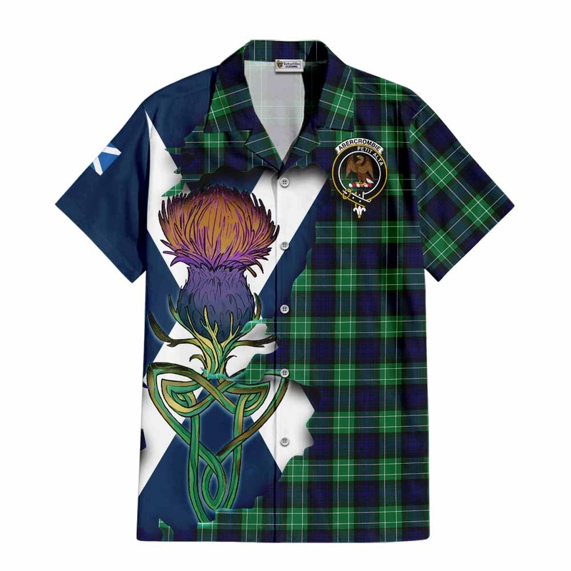 Abercrombie Tartan Family Crest Short Sleeve Button Shirt Scottish Thistle Celtic Inspired
