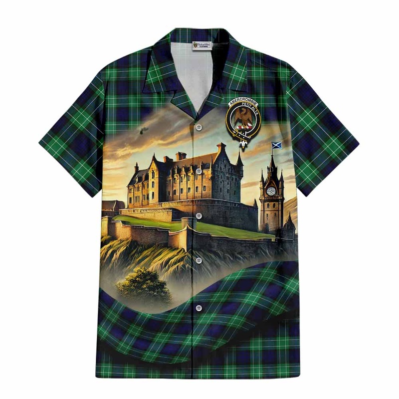 Abercrombie Tartan Family Crest Short Sleeve Button Shirt with Scottish Ancient Castle Style