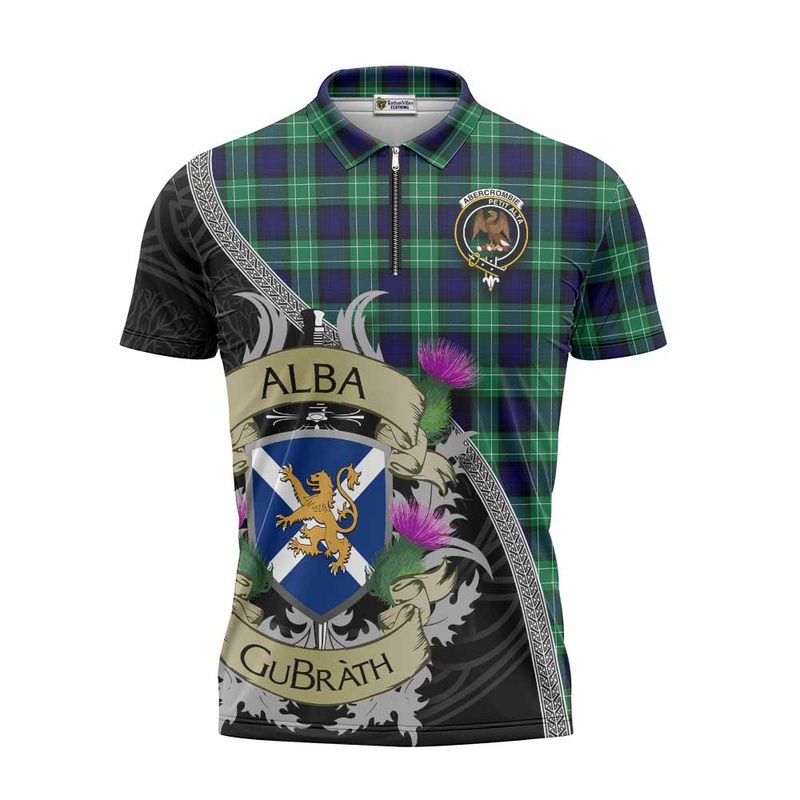 Abercrombie Tartan Family Crest Zipper Polo Shirt Lion Rampant Royal Thistle Shield Celtic Inspired