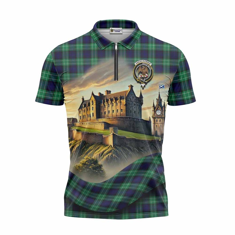 Abercrombie Tartan Family Crest Zipper Polo Shirt with Scottish Ancient Castle Style