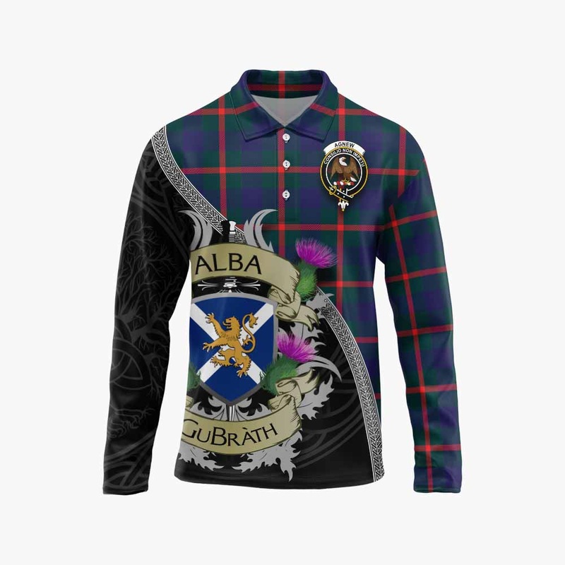 Agnew Tartan Family Crest Long Sleeve Polo Shirt Lion Rampant Royal Thistle Shield Celtic Inspired