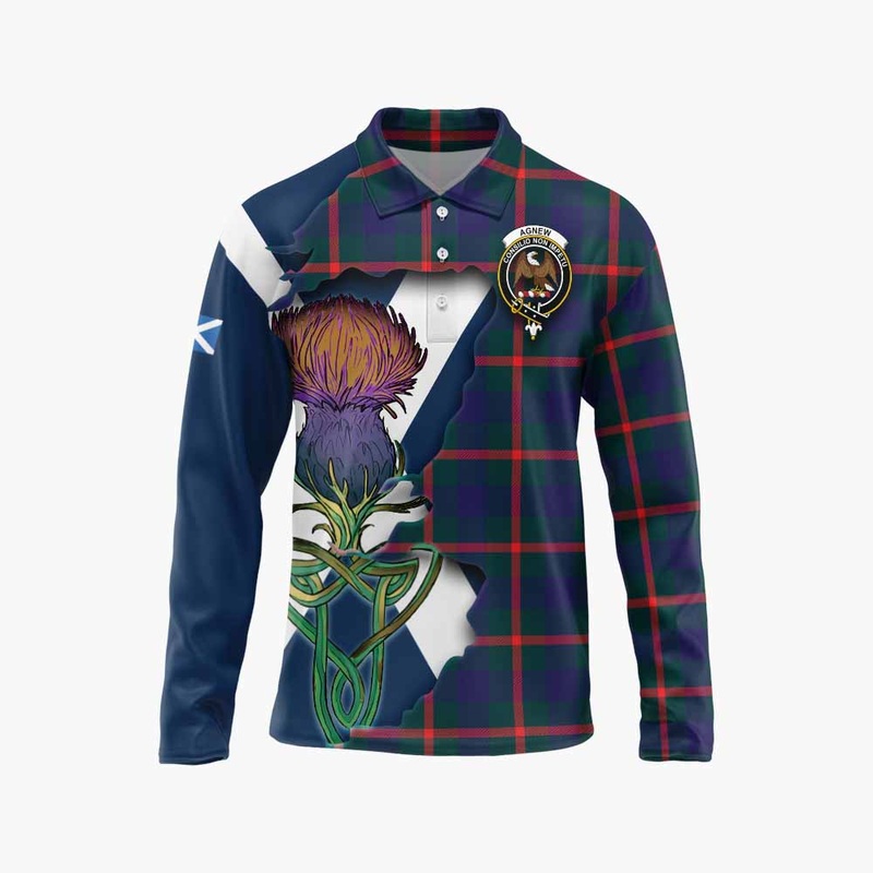 Agnew Tartan Family Crest Long Sleeve Polo Shirt Scottish Thistle Celtic Inspired