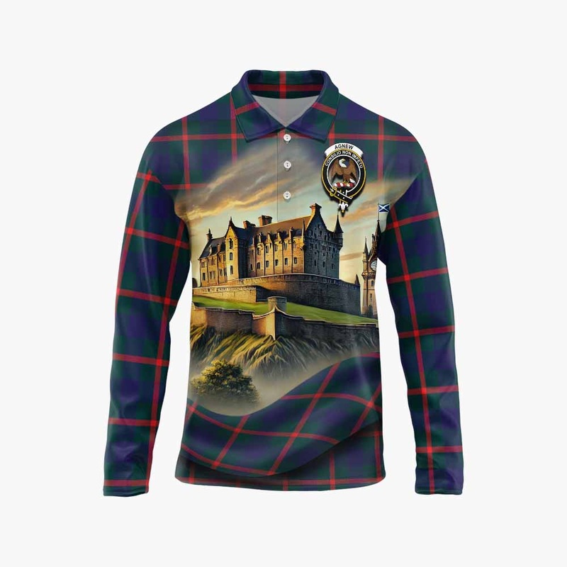 Agnew Tartan Family Crest Long Sleeve Polo Shirt with Scottish Ancient Castle Style