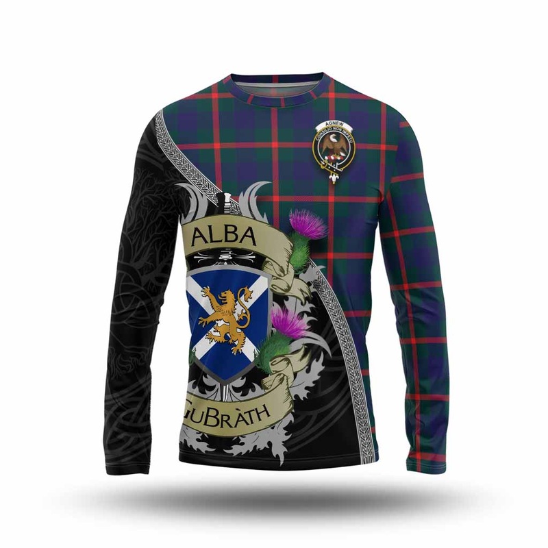 Agnew Tartan Family Crest Long Sleeve T-Shirt Lion Rampant Royal Thistle Shield Celtic Inspired