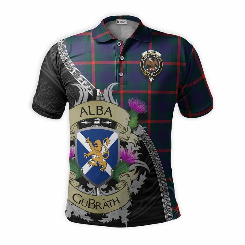 Agnew Tartan Family Crest Polo Shirt Lion Rampant Royal Thistle Shield Celtic Inspired