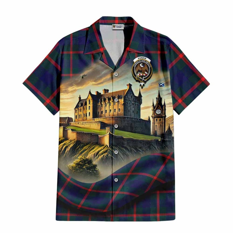 Agnew Tartan Family Crest Short Sleeve Button Shirt with Scottish Ancient Castle Style