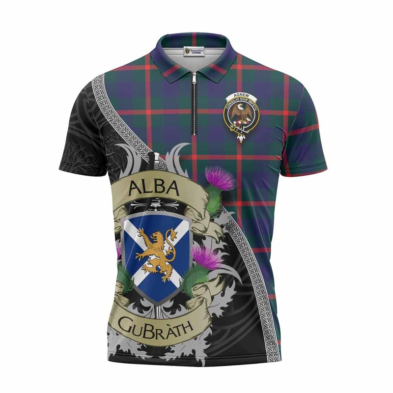 Agnew Tartan Family Crest Zipper Polo Shirt Lion Rampant Royal Thistle Shield Celtic Inspired