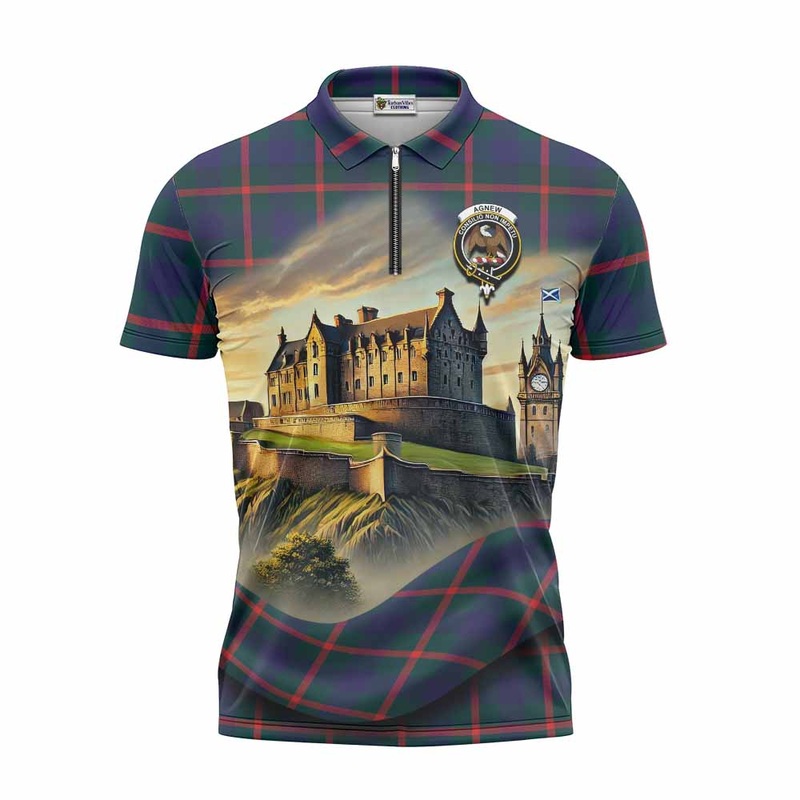 Agnew Tartan Family Crest Zipper Polo Shirt with Scottish Ancient Castle Style