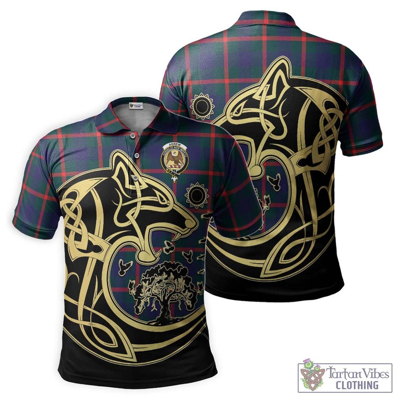 Agnew Tartan Polo Shirt with Family Crest Celtic Wolf Style