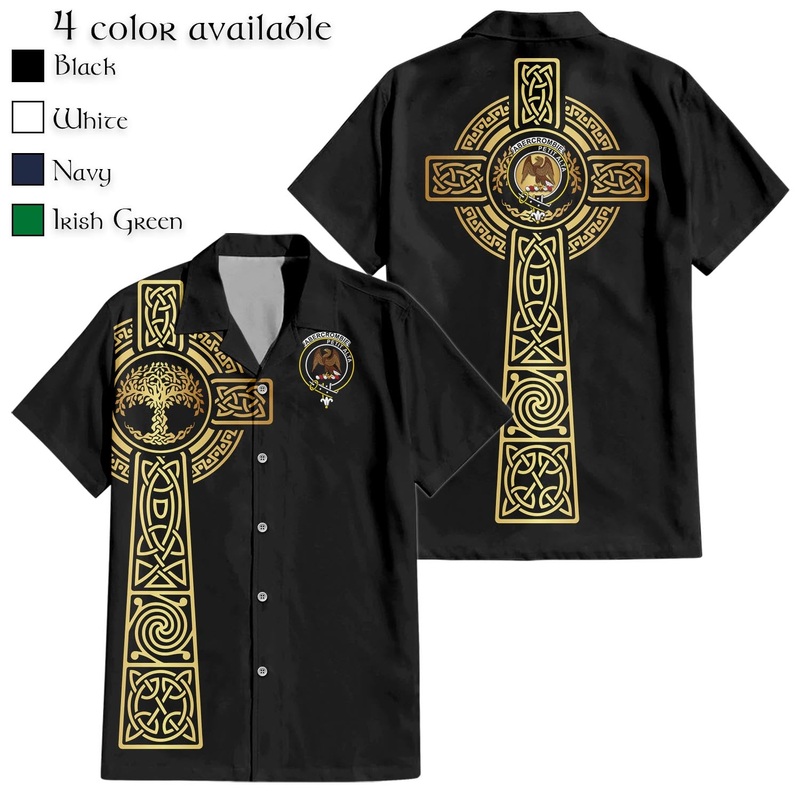 Abercrombie Clan Mens Short Sleeve Button Up Shirt with Golden Celtic Tree Of Life